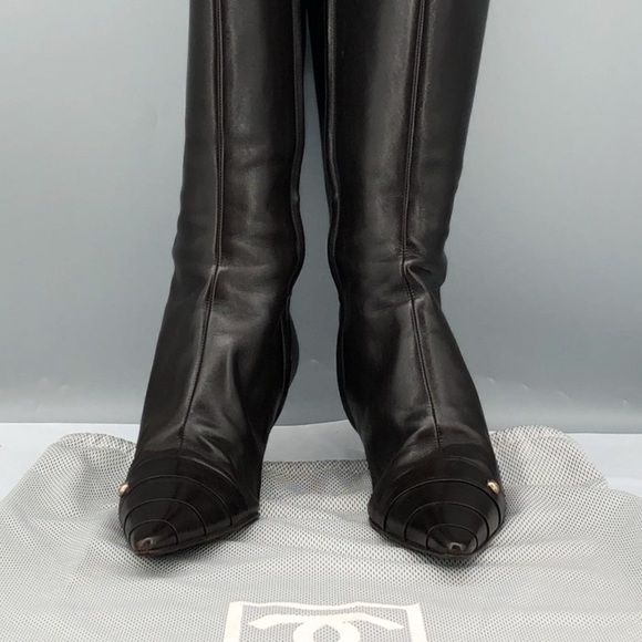 Chanel Vintage 2000s Brown Leather Knee High Pointed Toe Kitten Heel Boots - Picture 7 of 9